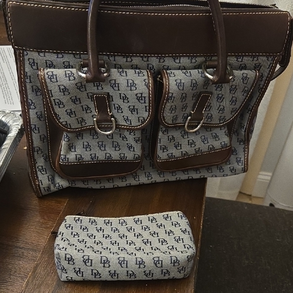 DOONEY AND BOURKE Designer Gray and Brown Monogrammed Bag With Wallet.